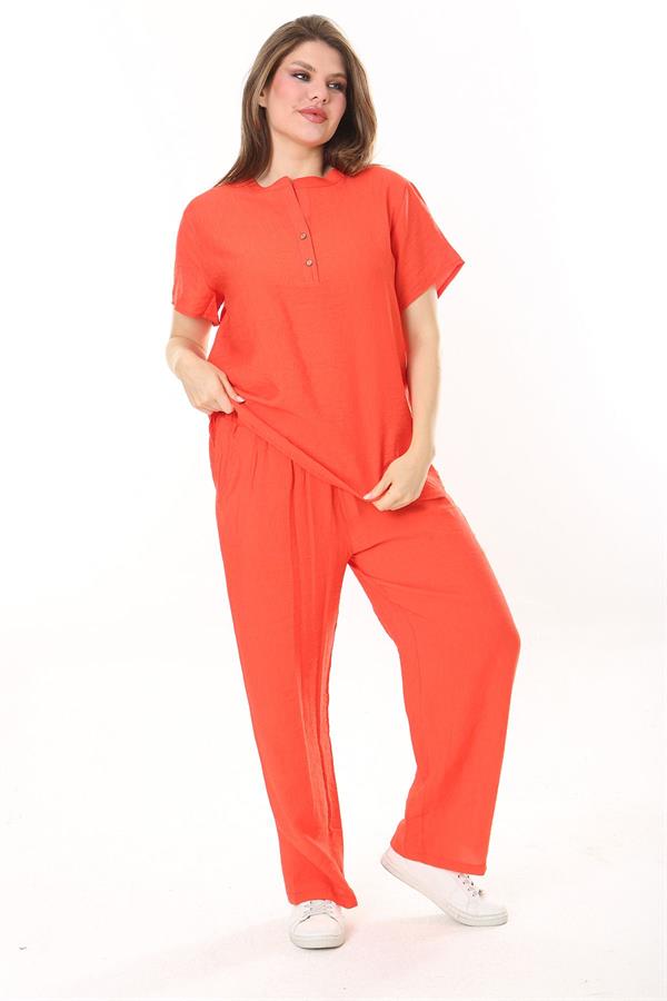 Kadın Büyük Beden Nar Ön Pat Düğmeli Tunik Ve Pantolon İkili Takım 65N37879