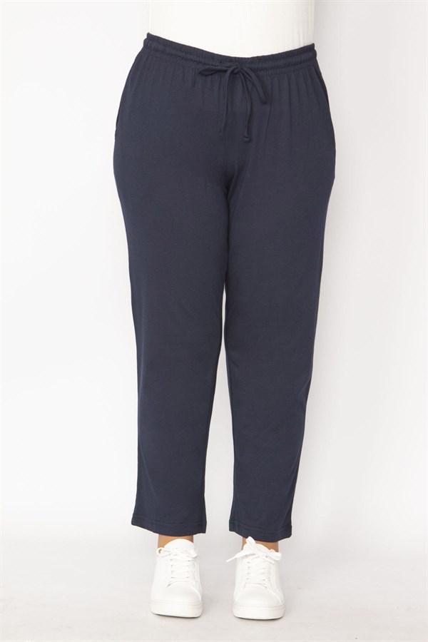 Kadın Lacivert Pamuklu Kumaş Beli Lastik Ve Bağcık Detaylı Yan Spor Pantolon 65N29223