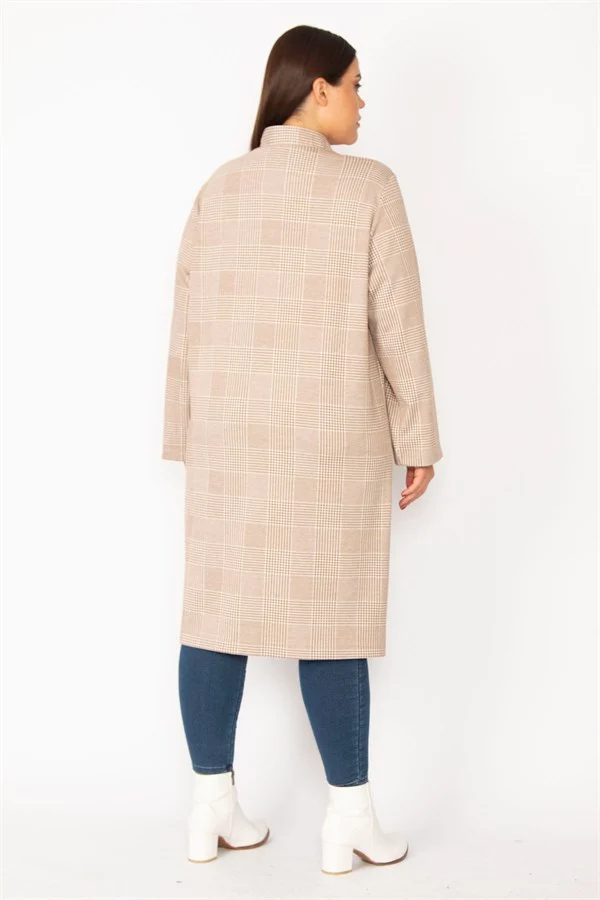 Hakim Yaka Ekose Desenli Ön Boy Baskı Düğmeli Cep Ağzı Suni Deri Garnili Astarsız Uzun Kap