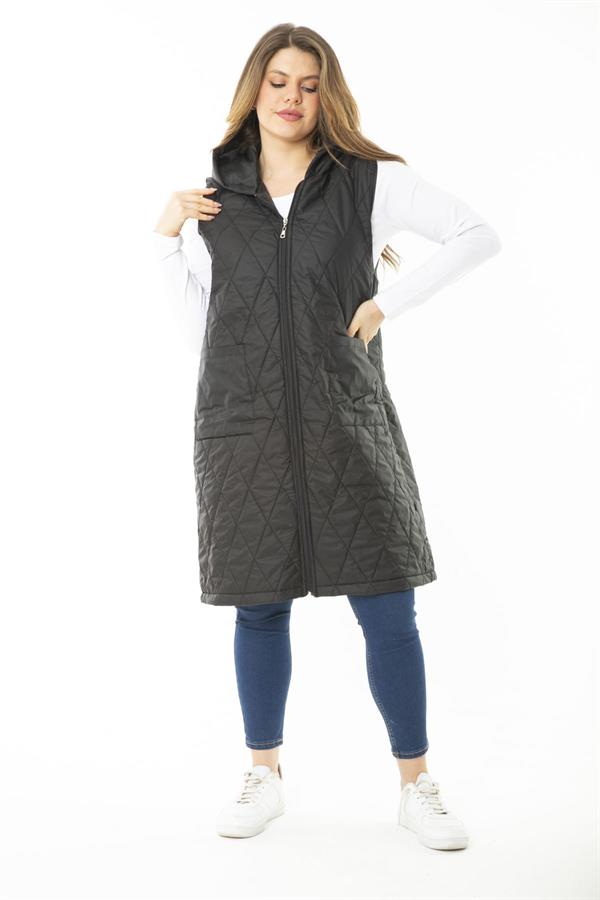 Kadın Büyük Beden Haki Ön Dermuarlı Kapşonlu Kapitone Astarlı Uzun Mont 65N37107