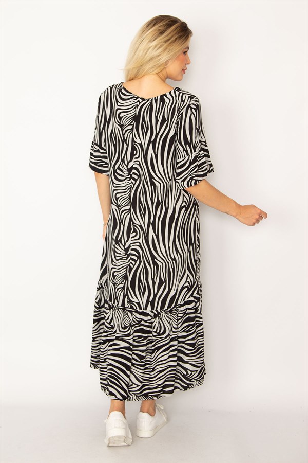 Kadın Siyah Dokuma Viskon Kumaş Etek Ucu Katlı Kolları Volanlı Uzun Elbise 65N34262