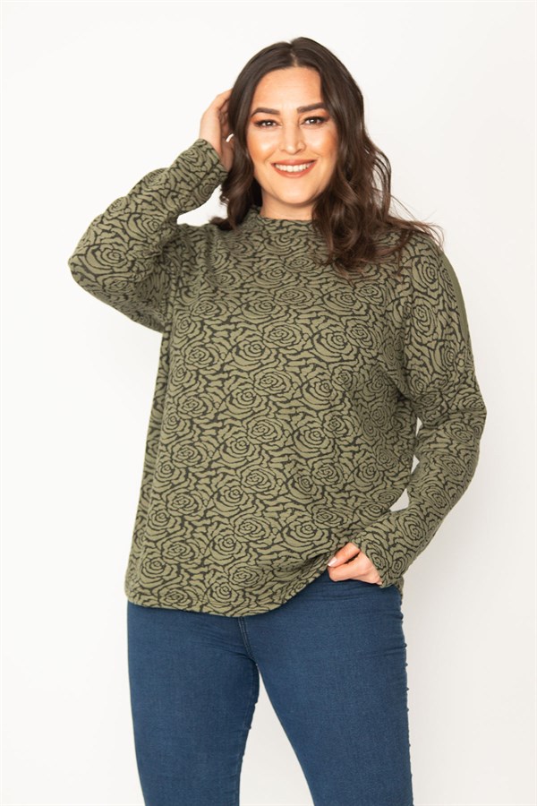 Kadın Haki Jakar Desenli Sıfır Yakalı Uzun Kollu Tunik 65N30418