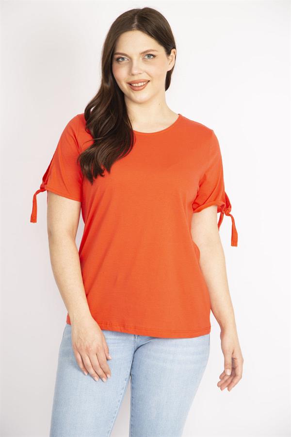 Kadın Nar Büyük Beden Pamuklu Kumaş Kol Bağcıklı Bluz