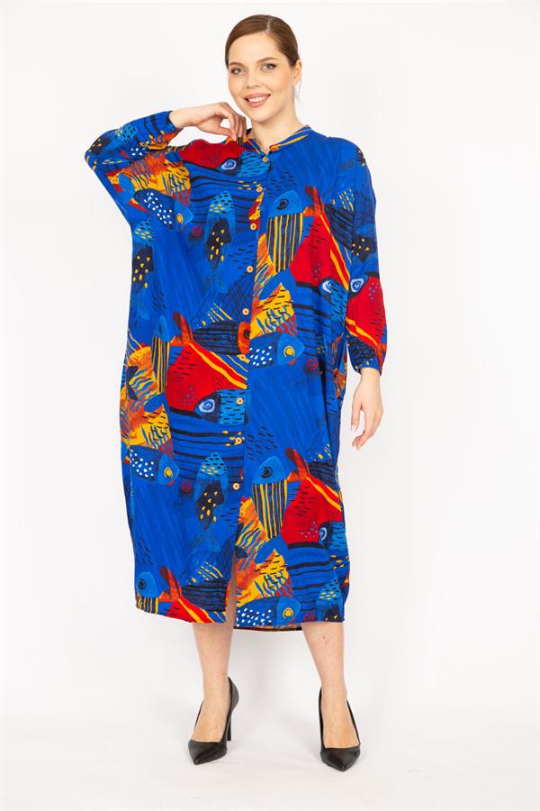 Kadın Fujya Büyük Beden Dokuma Viskon Kumaş Ön Boy Düğmeli Elbise