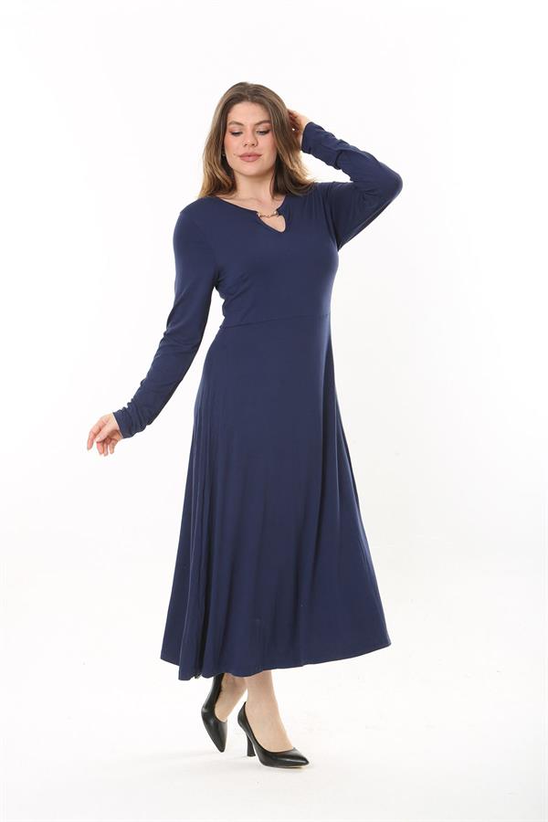 Kadın Büyük Beden Lacivert Öpücük Yakalı Uzun Kollu Elbise 65N37558