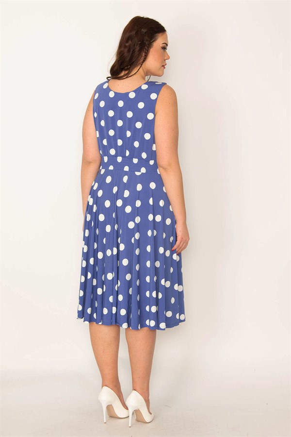 KADIN MAVİ ANVELOP YAKALI PUAN DESENLİ ELBİSE