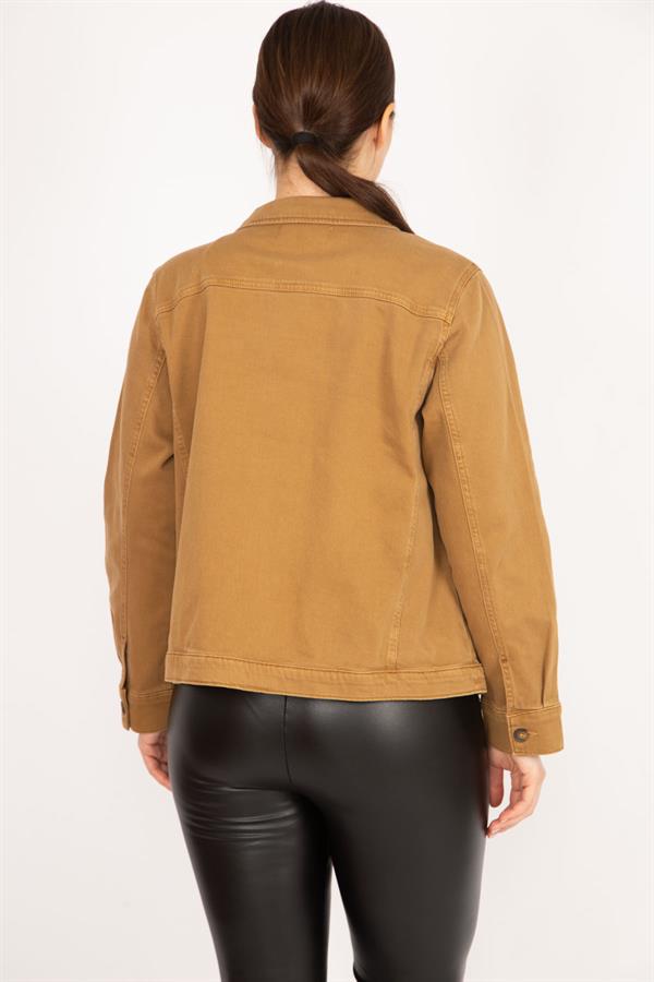 Women's Tan Plus Size Gabardine Fabric Front Button Zipper and Pocket Detailed Coat