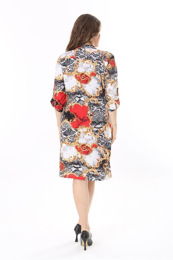 Kadın Büyük Beden Renkli Ön Boy Yarım Düğmeli Kol Boyu Ayarlı Hakim Yakalı Elbise 65N37956