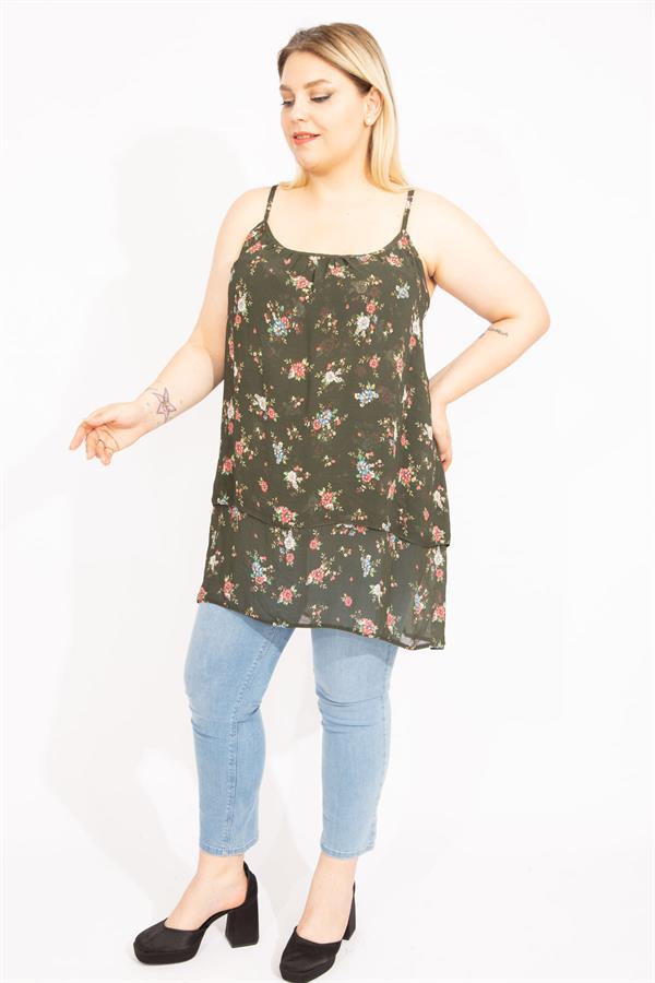 Kadın Haki Büyük Beden Şifon Kumaş Askılı Önü Katlı Bluz 65N35663