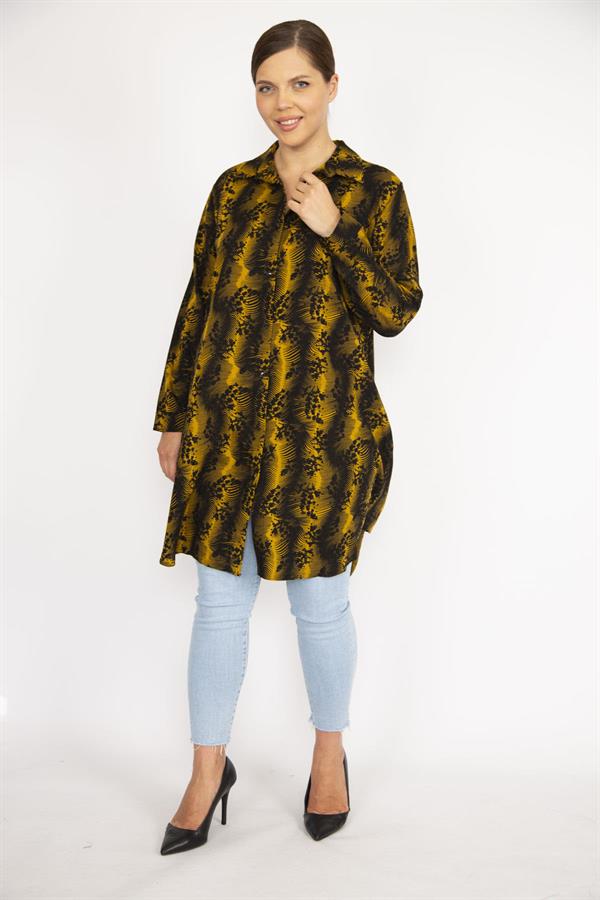 Kadın Büyük Beden Hardal Ön Düğmeli Uzun Kollu Gömlek