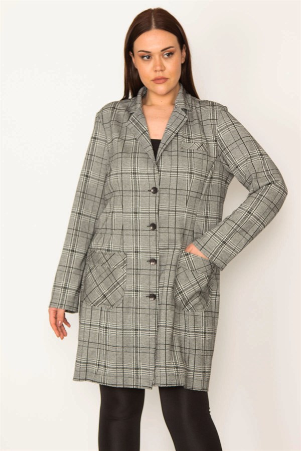 KADIN GRİ EKOSE DESENLİ ASTARSIZ ÖN DÜĞMELİ CEPLİ UZUN CEKET