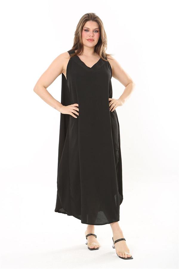 Kadın Büyük Beden Siyah Yan Boy Ayarlı Kolsuz Uzun Elbise 65N37885