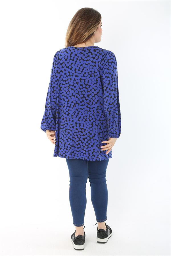 Kadın Büyük Beden Saks Önü A Pileli V Yakalı Bluz 65N37467