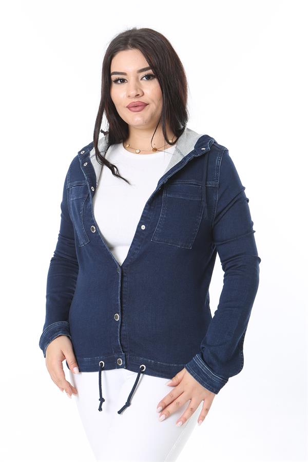 Women's Plus Size Navy Blue Snap Button Hooded Denim Coat 65N38380