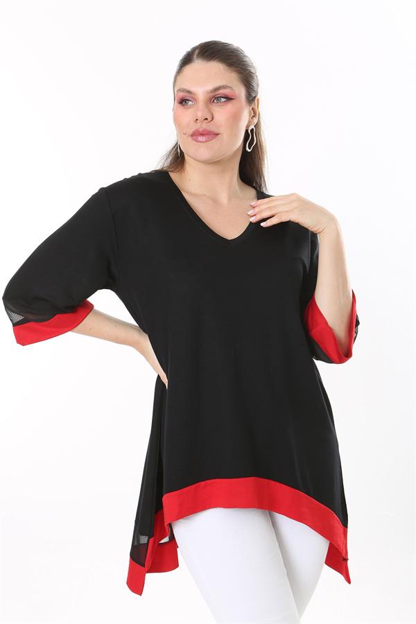 Kadın Büyük Beden Kemik Kol Ve Etek Ucu Tül Ve Garni Detaylı V Yakalı Arkası Uzun Tunik 65N37681