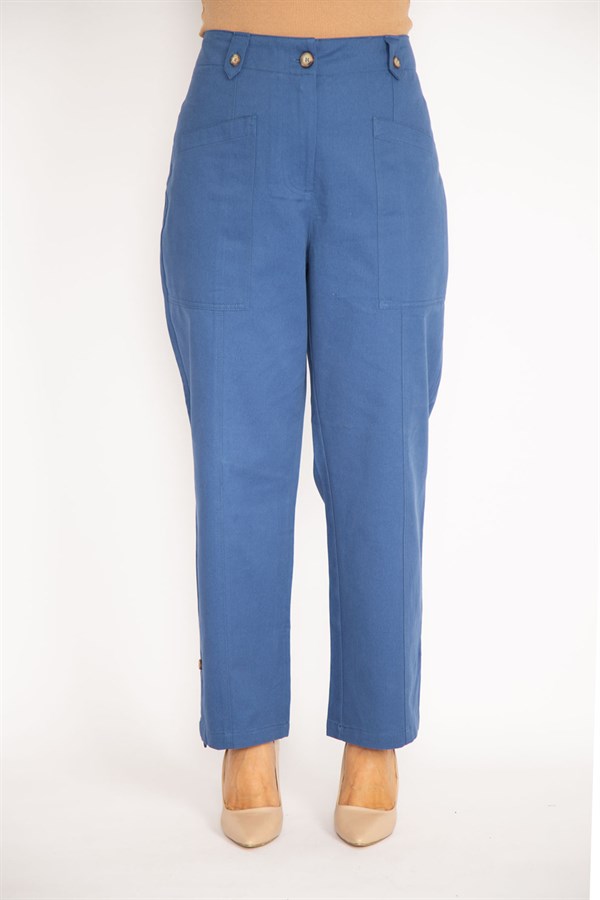 Kadın İndigo Ön Cepli Paçası Düğme İle Duble Paça Boy Ayarlı Gabardin Kumaş Pantolon 65N34888