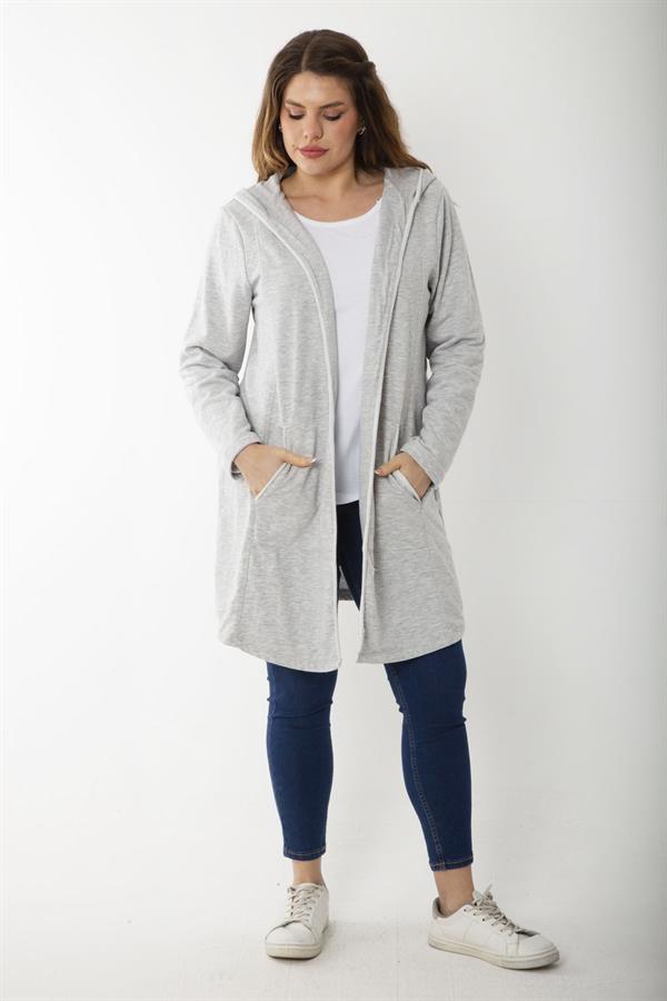 Kadın Büyük Beden Gri Kup Ve Vep Detaylı Kapşonlu Hırka 65N37183