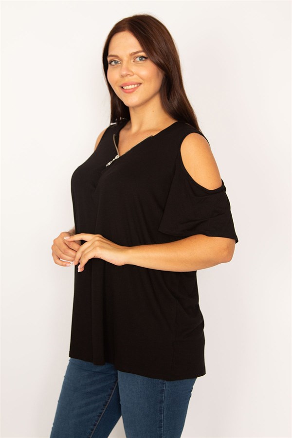 Kadın Siyah Omuz Dekolteli Ön Pat Fermuarlı Rahat Kesim Tunik 65N34206