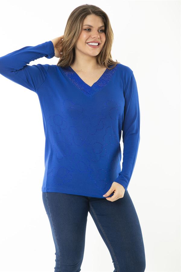 Kadın Büyük Beden Saks V Yakalı Taş Detaylı Uzun Kollu Bluz 65N37153