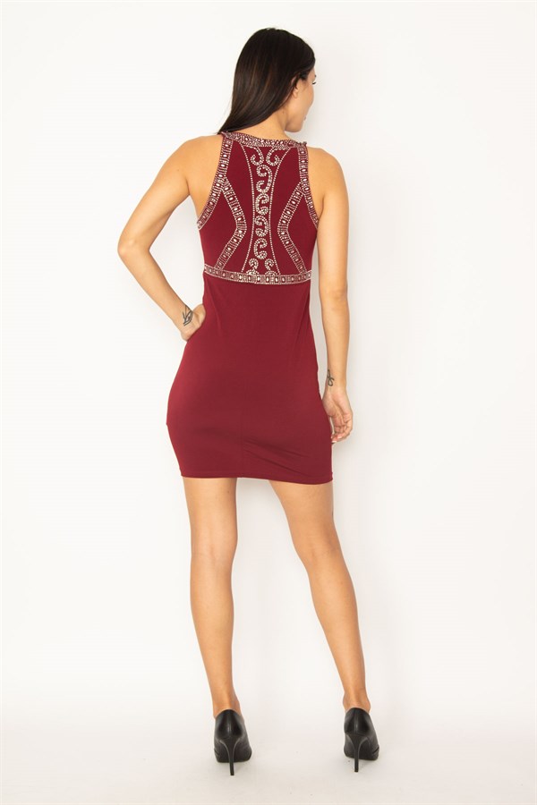 KADIN BORDO TAŞ DETAYLI HALTER YAKA ABİYE ELBİSE