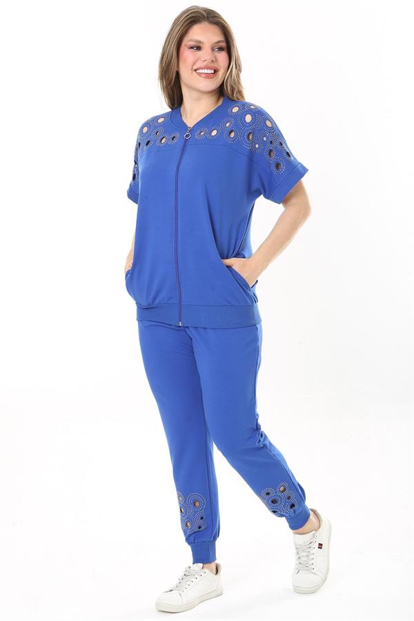 Kadın Büyük Beden Saks Göğüs Ve Paça Detaylı İkili Takım 65N37887