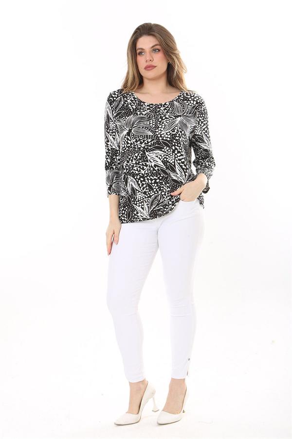 Kadın Büyük Beden Siyah Bisiklet Yakalı Uzun Kollu Bluz 65N37585