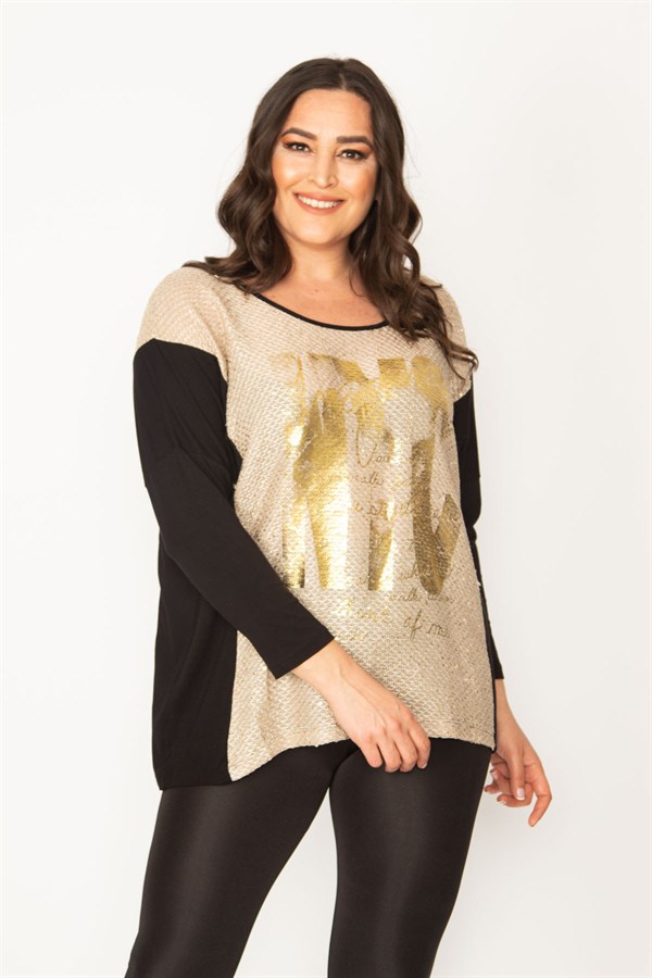 Kadın Siyah Önü Lak Baskı Detaylı İki Renkli Tunik 65N31028