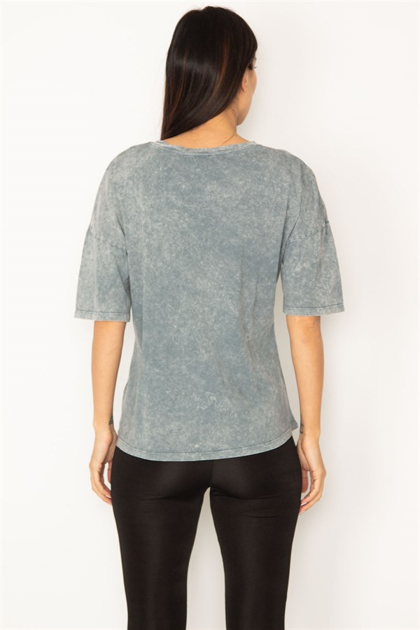 KADIN RENKLİ YIKAMALI KUMAŞ ÖN BASKILI BLUZ