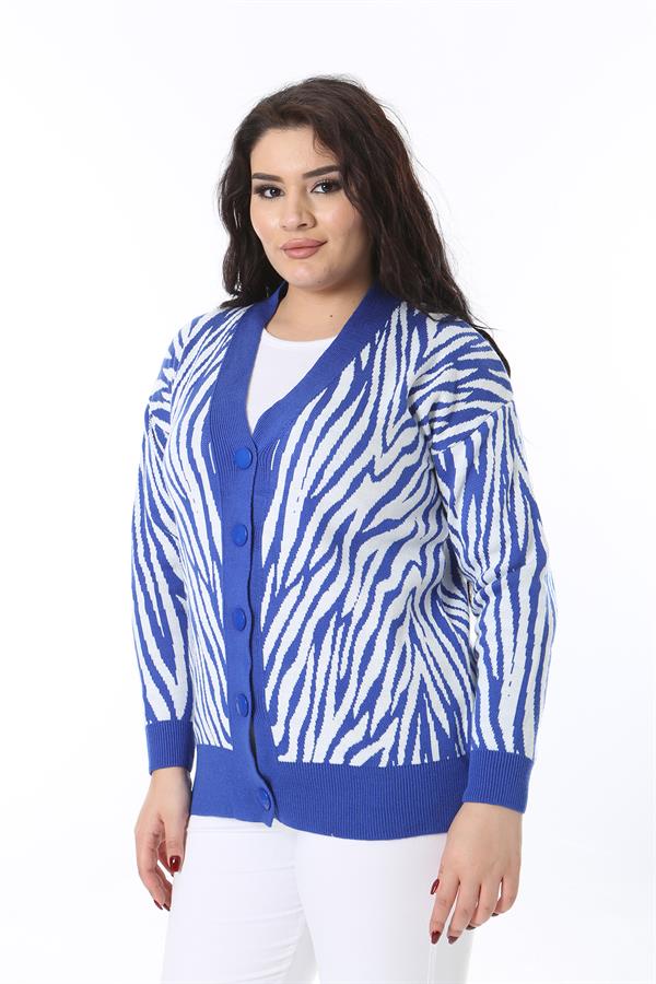 Kadın Büyük Beden Saks Ön Düğmeli Triko Hırka 65N38566