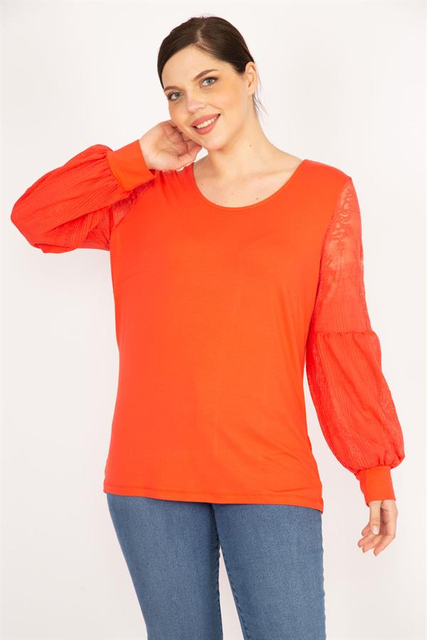Kadın Nar Büyük Beden Kolları Tül Dantel Detaylı Tunik