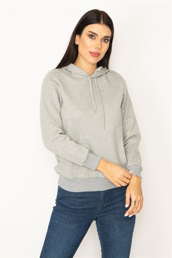 SWEAT-SHIRT À CAPUCHE EN RELIEF GRIS À 3 FILS POUR FEMME