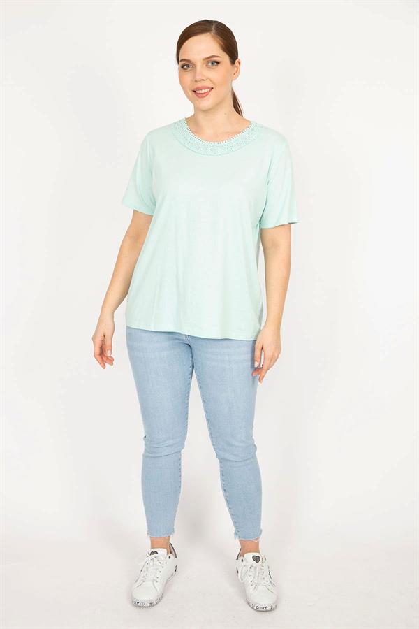 Kadın Lila Büyük Beden Pamuklu Kumaş Dantel Detaylı Bluz