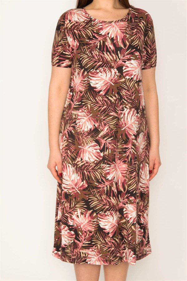 KADIN RENKLİ ÇİÇEK DESENLİ KISA KOL VİSKON ELBİSE