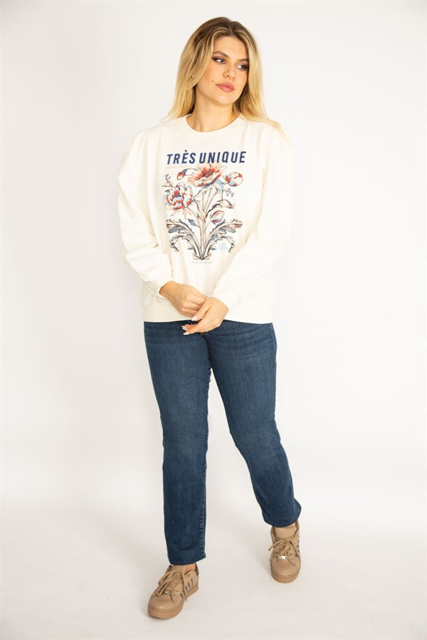 Kadın Kemik 3 İplik Kalın Ön Baskılı Omuz Büzgülü Ribanalı Sweatshirt 65N34846