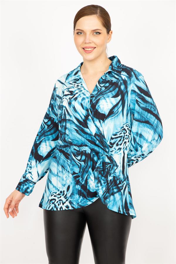 Kadın Mavi Büyük Beden Çıtçıt Kapama Anvelop Ön Büzgülü Tunik