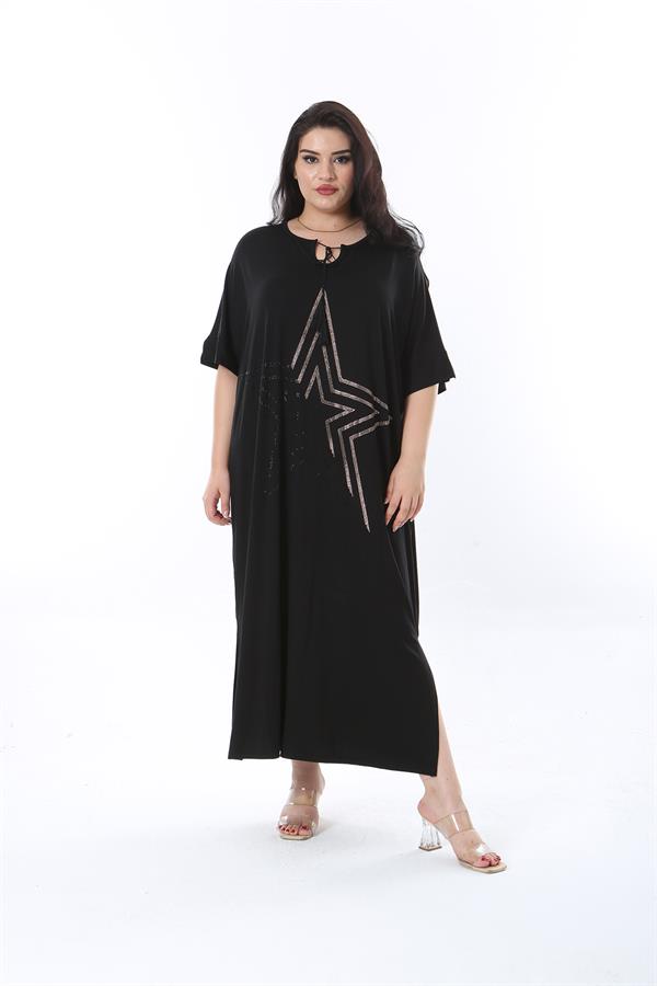 Kadın Büyük Beden Siyah Rahat Kesim Taş Detaylı Elbise 65N38202