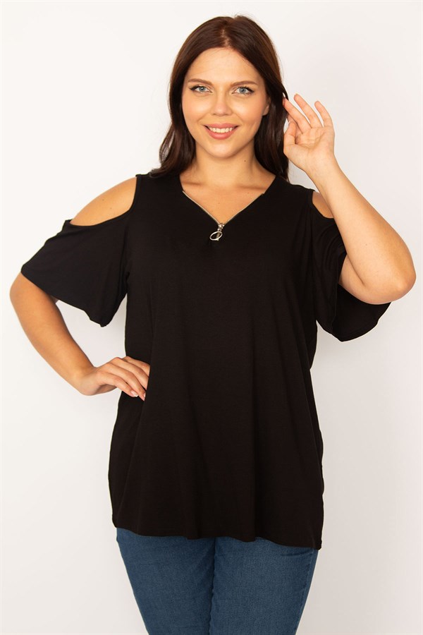 Kadın Siyah Omuz Dekolteli Ön Pat Fermuarlı Rahat Kesim Tunik 65N34206