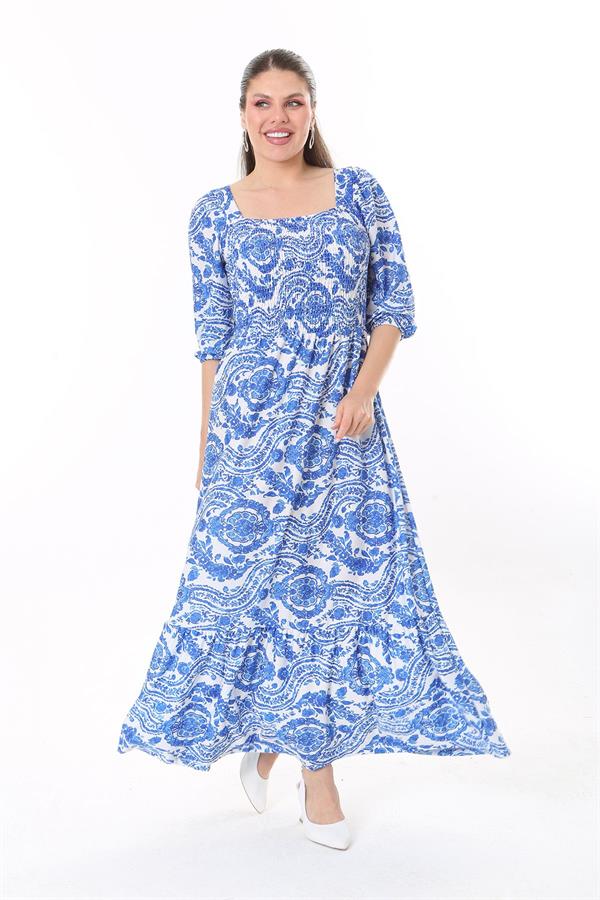 Kadın Büyük Beden Mavi Göğüs Kısmı Gipe Lastikli Etek Ucu Katlı Uzun Elbise 65N37737