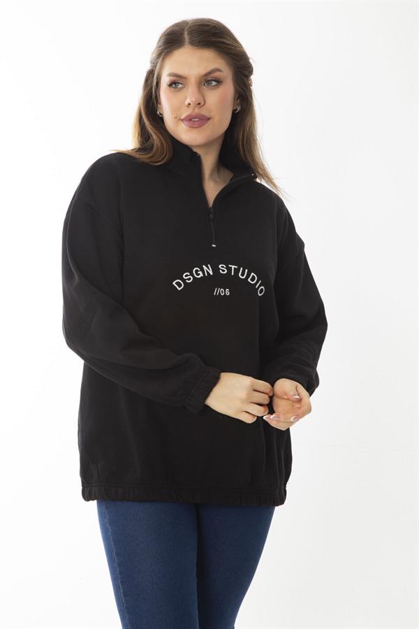 Kadın Büyük Beden Siyah İçi Şardonlu Ön Patı Fermuar Ve Nakış Detaylı Sweatshirt 65N37017