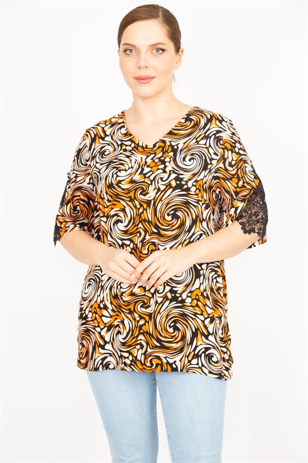 Kadın Mavi Büyük Beden Dokuma Viskon Kumaş Kolları Dantel Detaylı V Yakalı Bluz