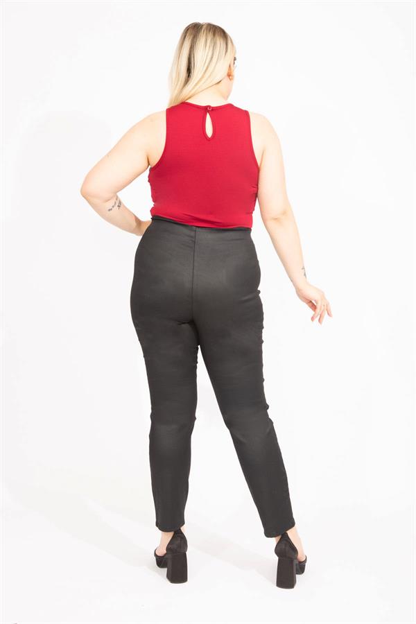 Kadın Kahve Büyük Beden Suni Deri Gizli Kemer Cepsiz Pantolon 65N35581