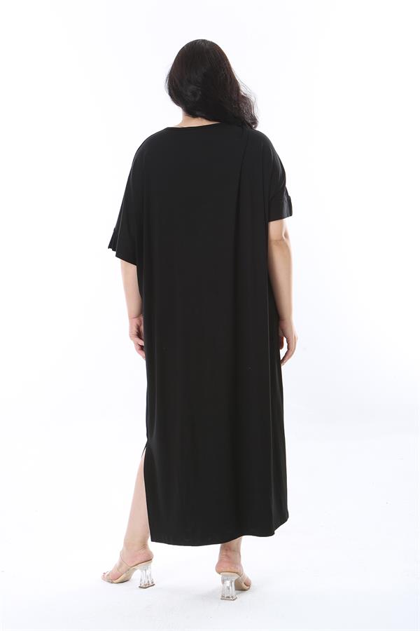 Kadın Büyük Beden Siyah Rahat Kesim Taş Detaylı Elbise 65N38202
