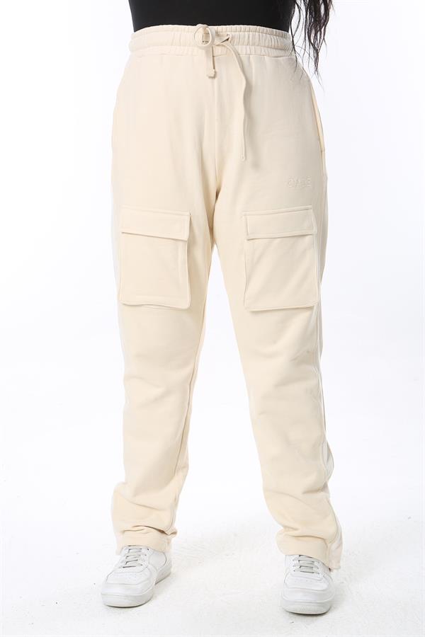 Kadın Büyük Beden Bej Cep Ve Yan Paça Çıtçıt Düğme Detaylı Spor Pantolon 65N38676