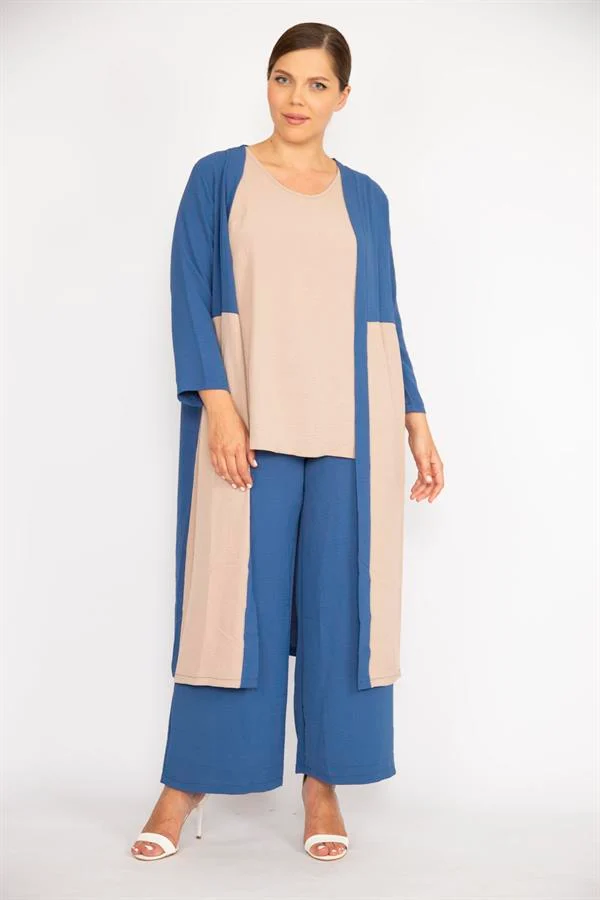 Kadın Büyük Beden İndigo Hırka İç Bluz Ve Pantolon Üçlü Takım