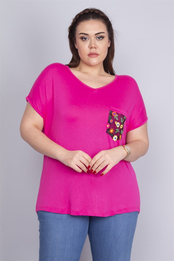 Kadın Fuşya Cebi Yazma Desen Tül Detaylı Düşük Kol Viskon Bluz 65N22702