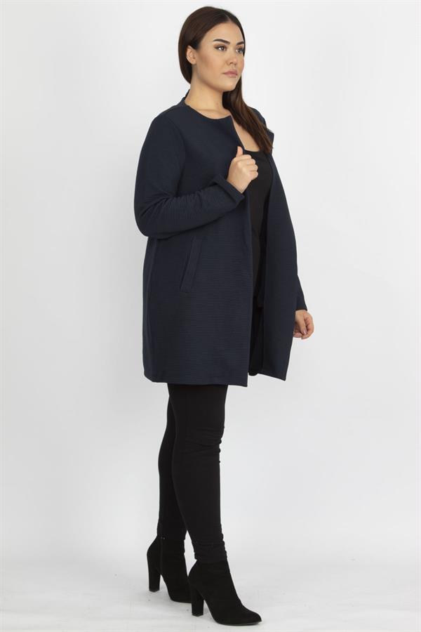 Kadin Lacivert Hakim Yaka Cep Detayli Astarsiz Ceket 65N14545