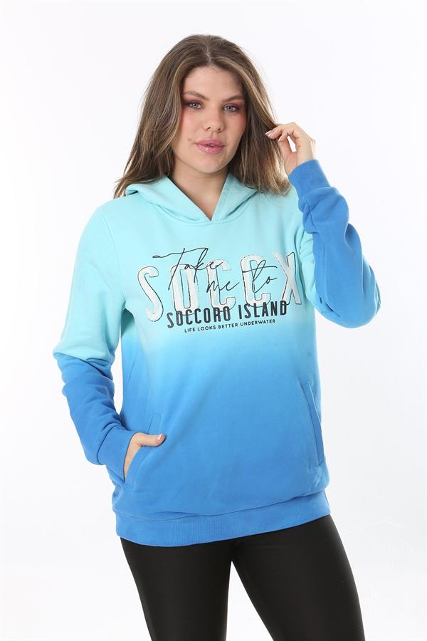 Kadın Büyük Beden Renkli İki İplik Sim Ve Ön Baskı Detaylı Kapşonlu Sweatshirt 65N37162