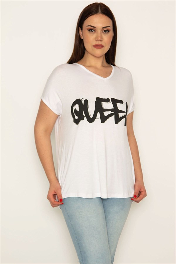 KADIN BEYAZ BASKI VE TAŞ DETAYLI V YAKALI DÜŞÜK KOLLU VİSKON BLUZ