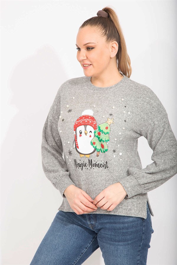 Kadın Gri İnci Ve Baskı Detaylı Yumoş Kumaş Bluz 65N35497