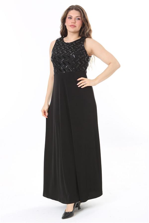 Kadın Büyük Beden Siyah Payet Detaylı Elbise 65N37955